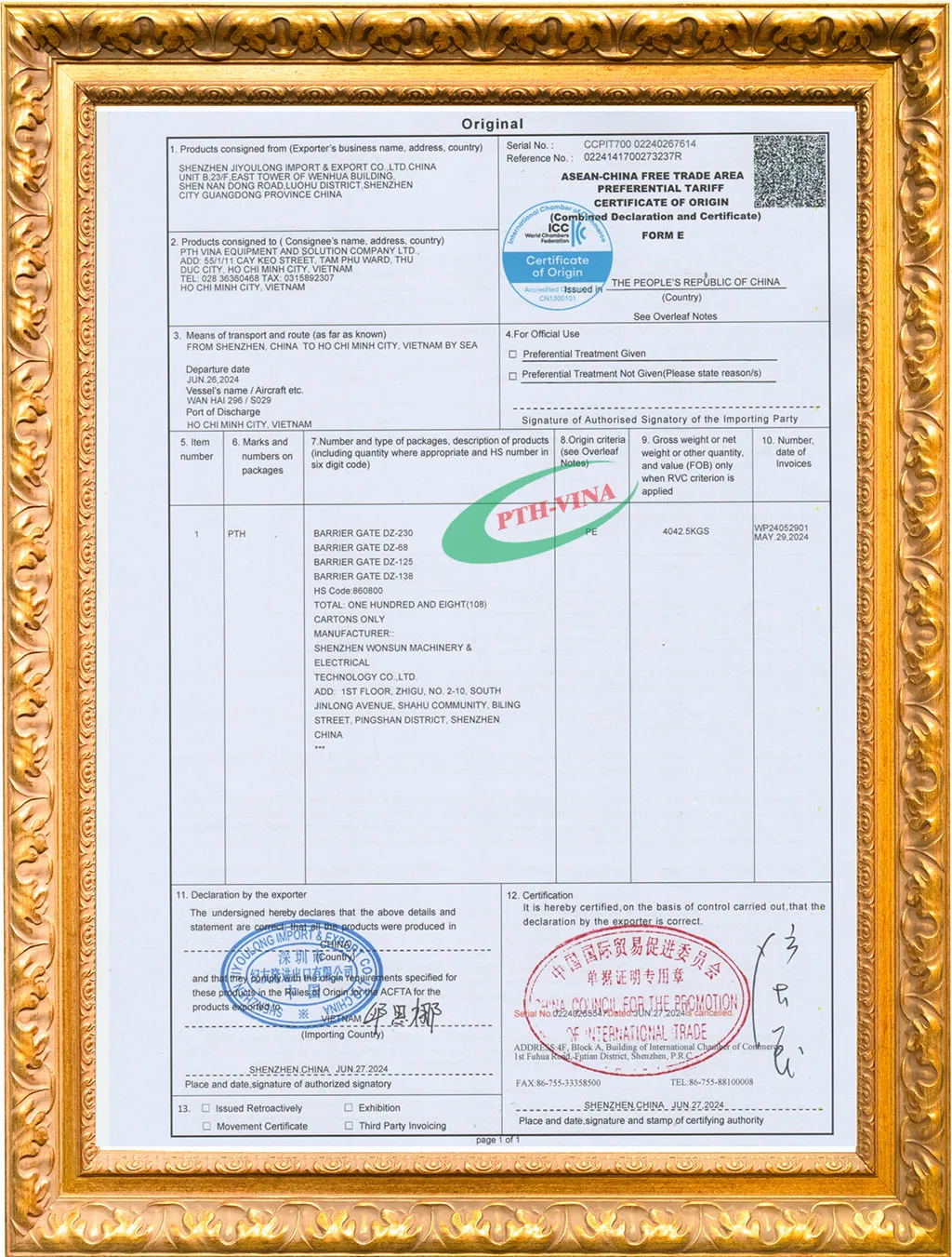 chứng nhận barie dz wonsun